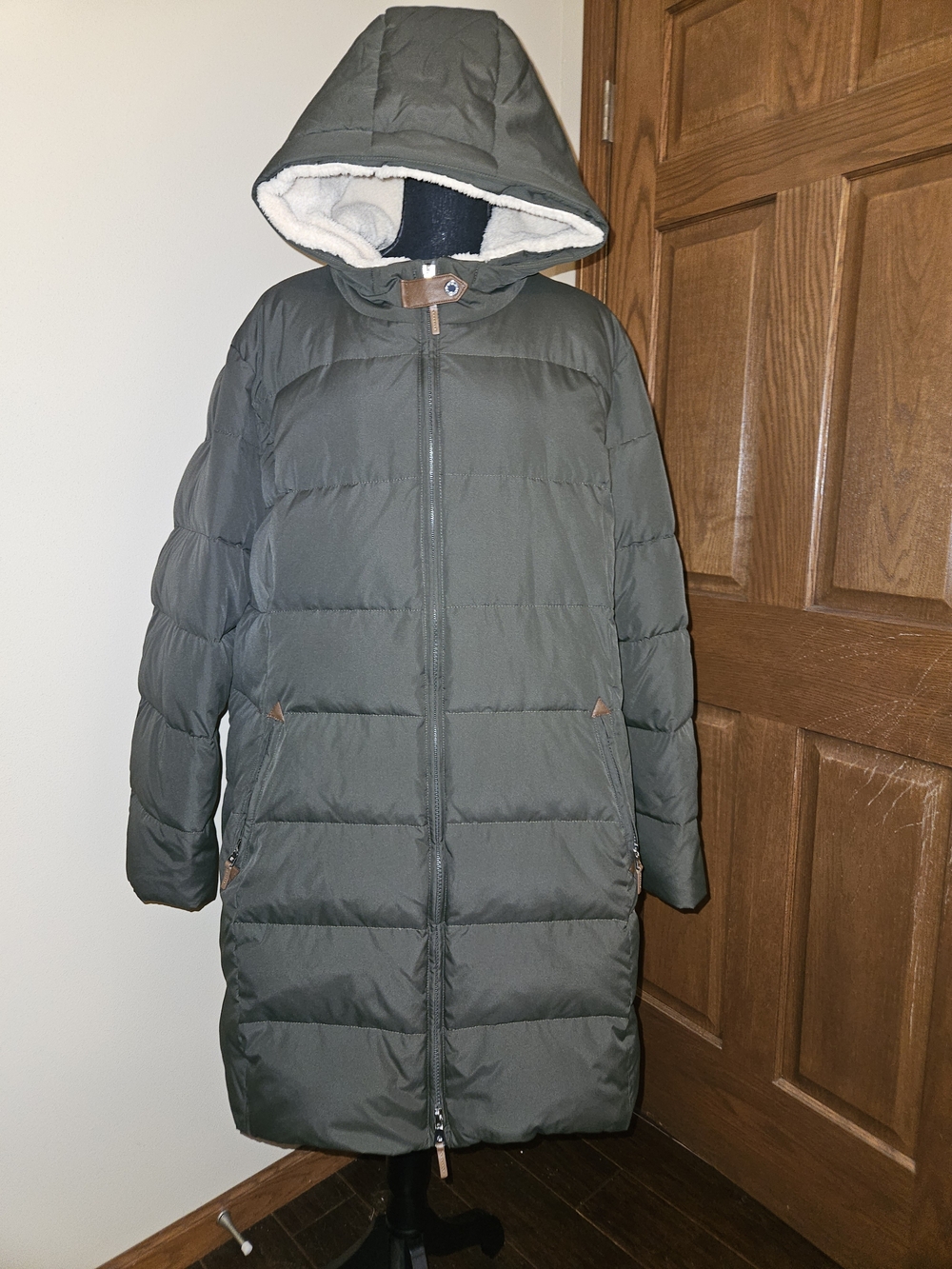LRL Long Down Quilted Puffer Coat Jacket Olive Green Sherpa Hood Size 2X